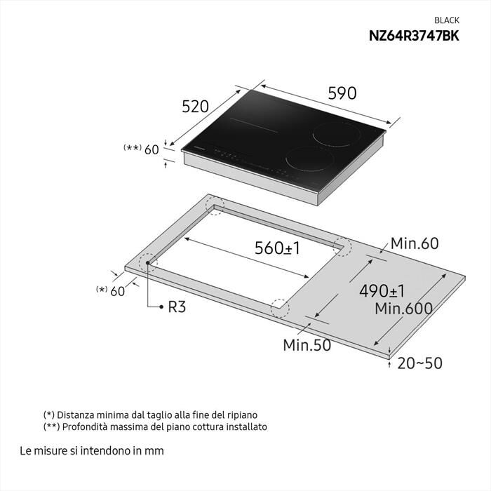 SAMSUNG - Piano cottura induzione NZ64R3747BK/UR 56 cm-VETROCERAMICA NERO