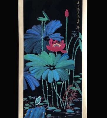 Qi Baishi Signed Chinese Hand Painted Calligraphy Scroll w/louts flower N1980