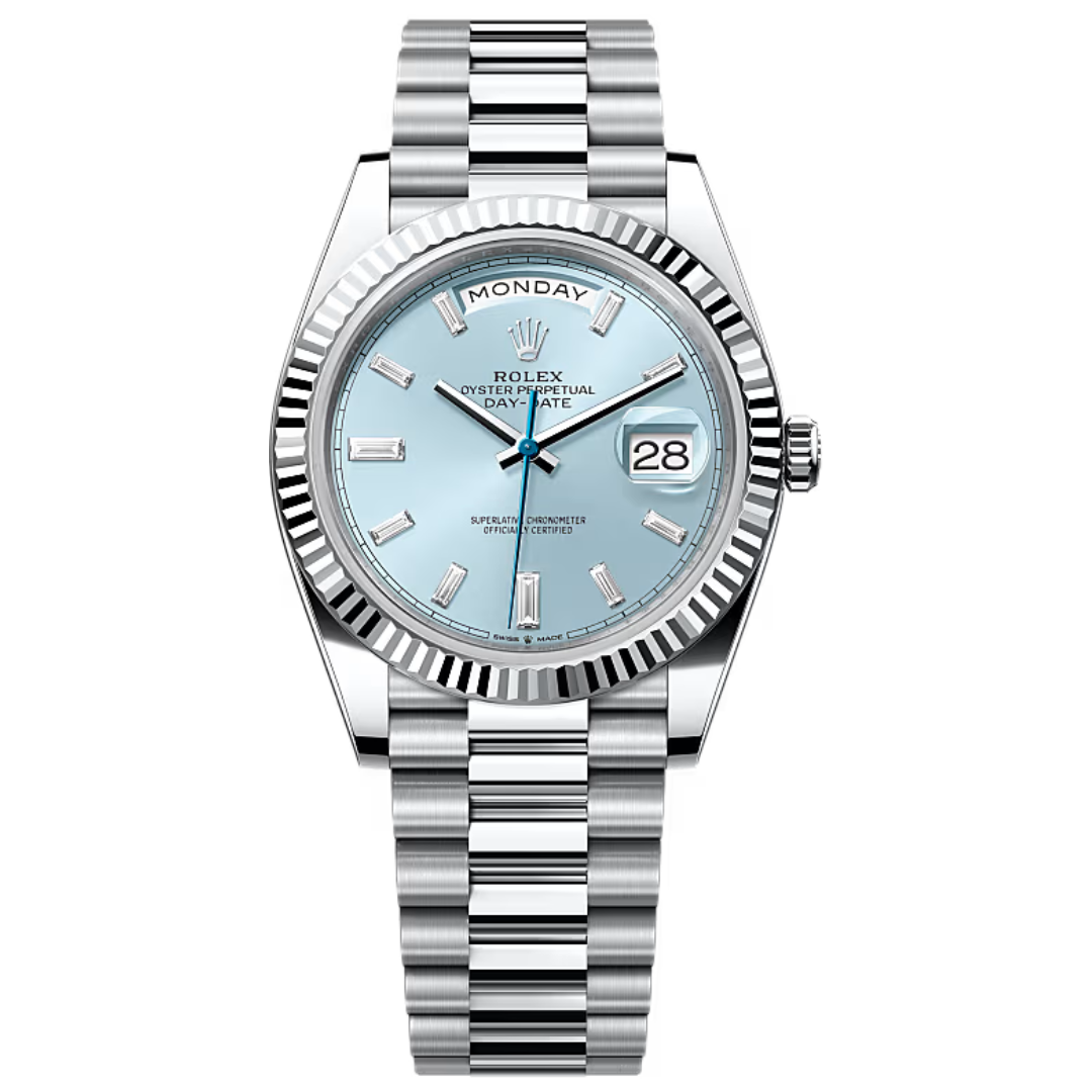 Rolex Day-Date 40MM Ice-Blue Baguette Dial Mens Platinum President Watch M228236-0006