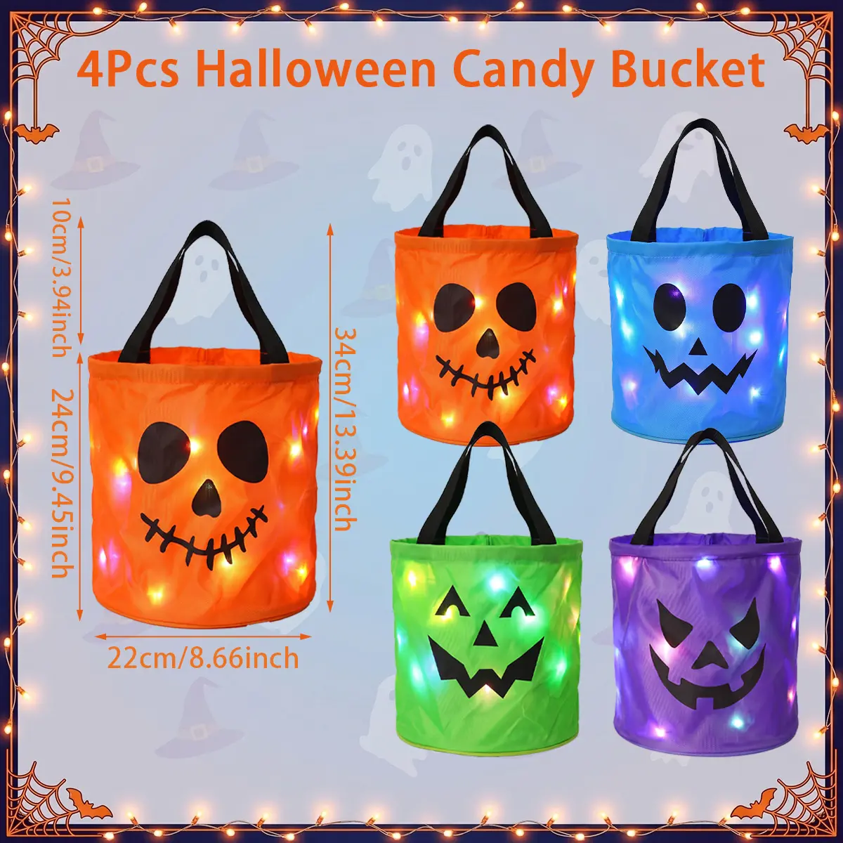 3/4 Pcs Halloween Candy Bucket with LED Lights, Trick or Treat Bags