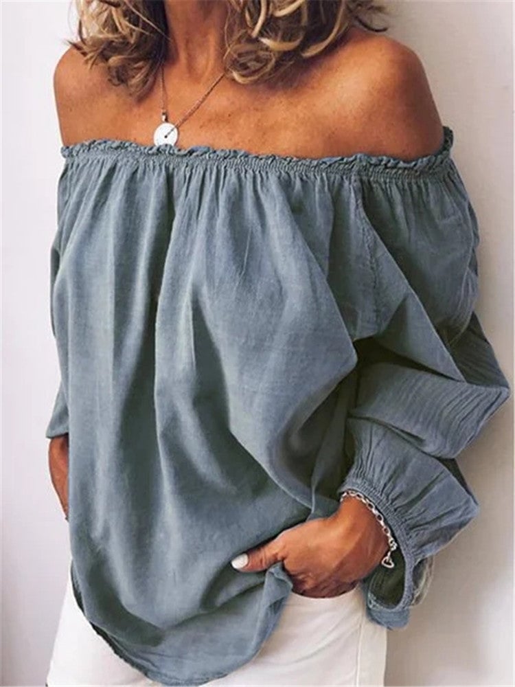 Elastic pleated cotton and linen long-sleeved Off shoulder shirt