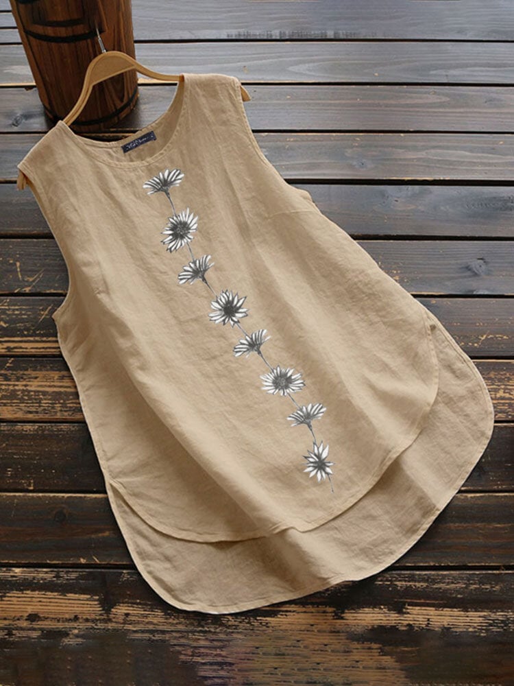 Women Floral Print Sleeveless Crew Neck Tank Top