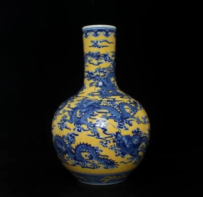 38CM Qianlong Signed Chinese Blue and White Yellow Glaze Vase W/dragon
