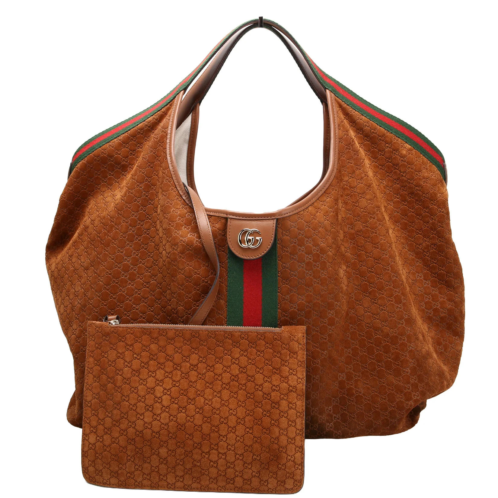 GUCCI 853971 GG Suede Giglio Large Tote Brown/Red/Green