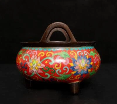 Qianlong Signed Old Chinese Bronze Cloisonne Enamel Incense Burner w/ear N2678