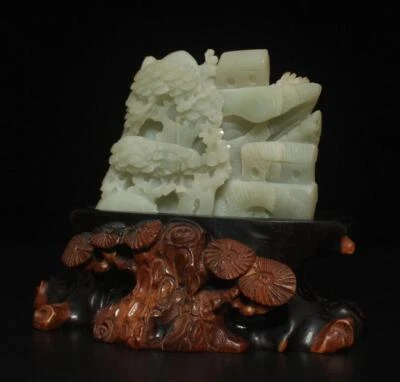 11CM Chinese Carved Nephrite Jade Jadeite Statue w/ landscape With Base