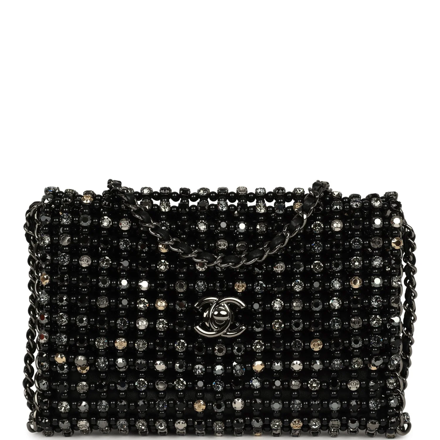 CHANEL Medium Beaded Evening Bag Strass, Pearl, Black Leather Ruthenium Hardware