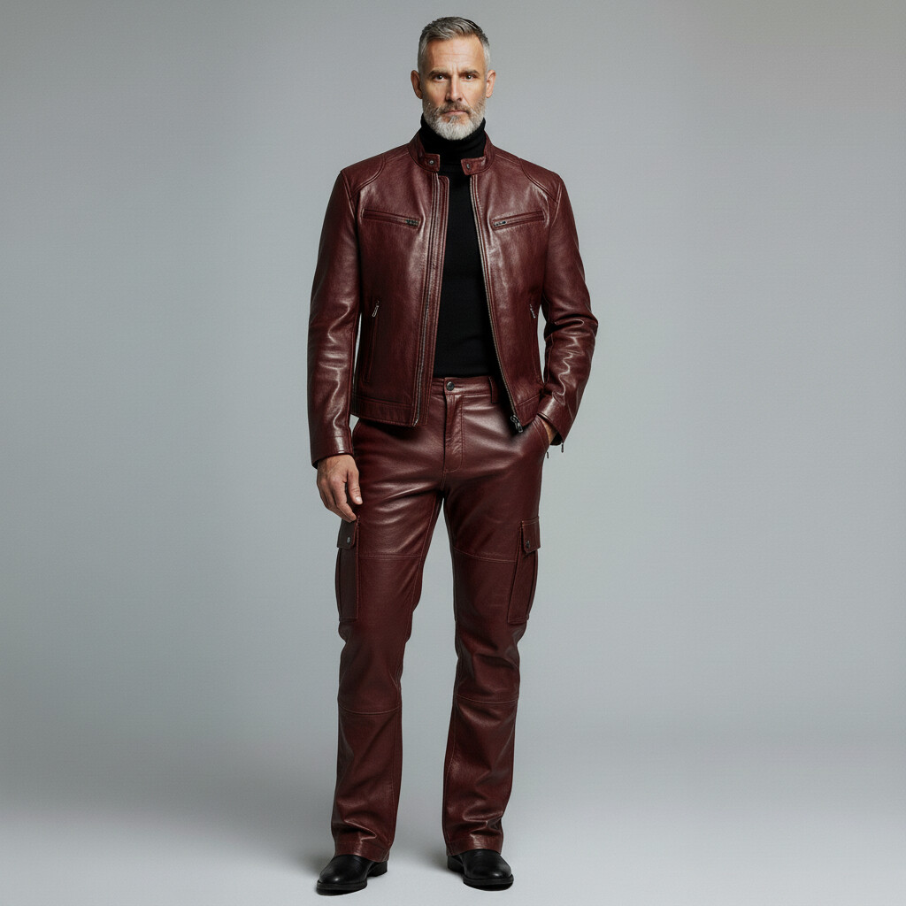 Men's Burgundy PU Leather Stand Collar Zipper Jacket & Cargo Pants 2Pcs Set