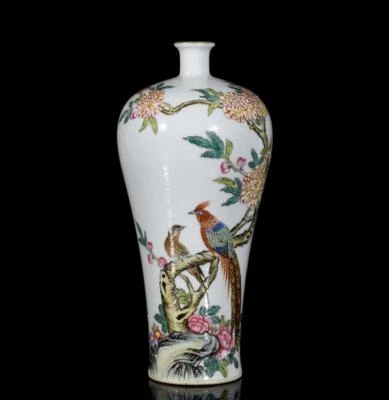 Pair Yongzheng Signed Old Chinese Colour Enamel Vase W/bird N3223