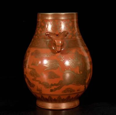 Qianlong Signed Old Chinese Iron Red Gilding Vase W/kylin N3301