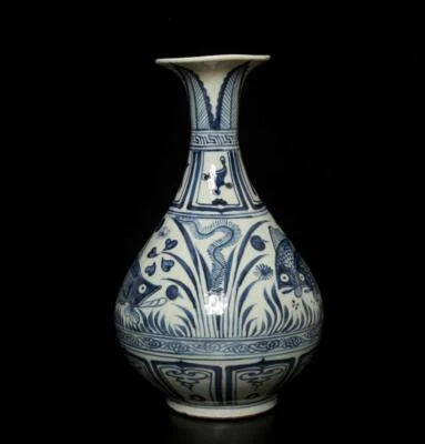 34CM Old Antique Chinese Blue & White Porcelain Vase w/ fish