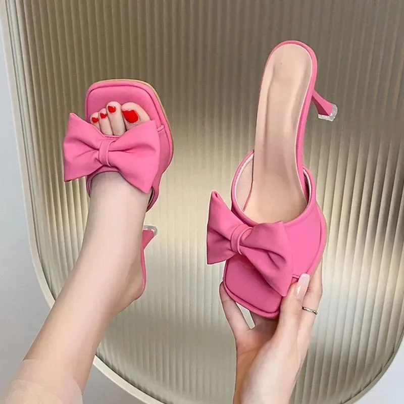 Elegant Women High Heel Sandals Fashion Sweet Bow Mule Shoes Designer High Heels