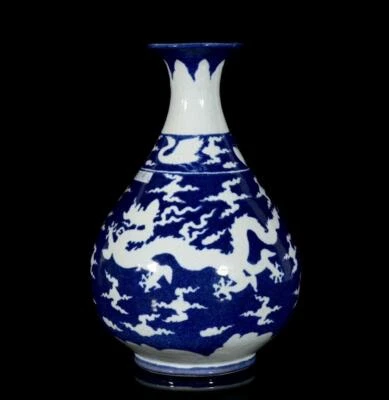 31CM Xuande Signed Old Chinese Blue Glaze Vase W/dragon N3214