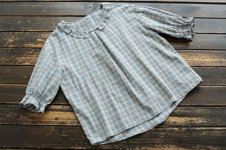 Loose lotus leaf collar plaid short-sleeved shirt casual lady style pullover shirt