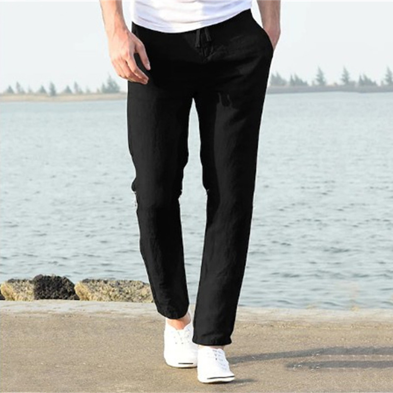 Men's Solid Color Drawstring Pockets Loose Casual Breathable Lightweight  Linen Pants