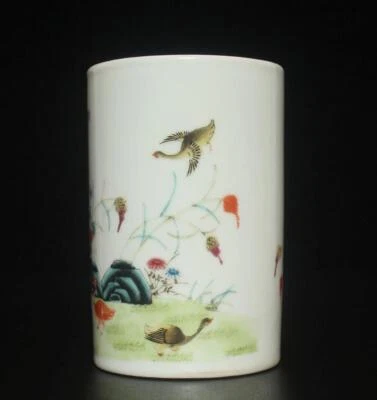Hongxian Signed Chinese Famille Rose Brush Pot W/ crane