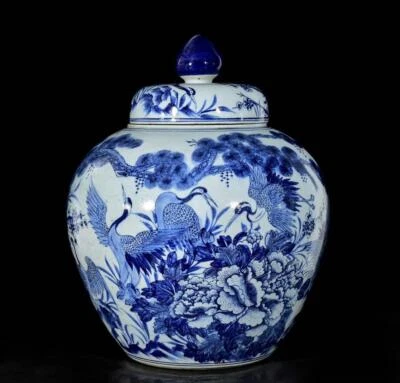 55CM Old Chinese Blue and White Lid Pot W/crane N3244