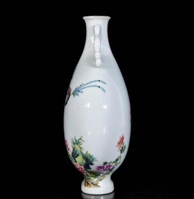 28CM Yongzheng Signed Old Chinese Colour Enamel Vase W/ bird N3136
