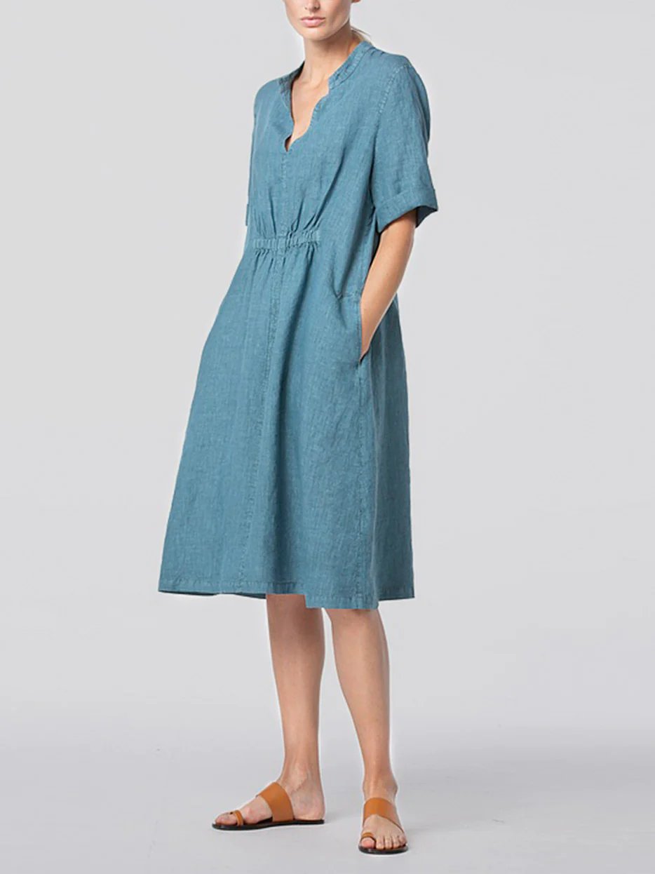 Cotton-Linen V-neck Elastic Waistband Dress
