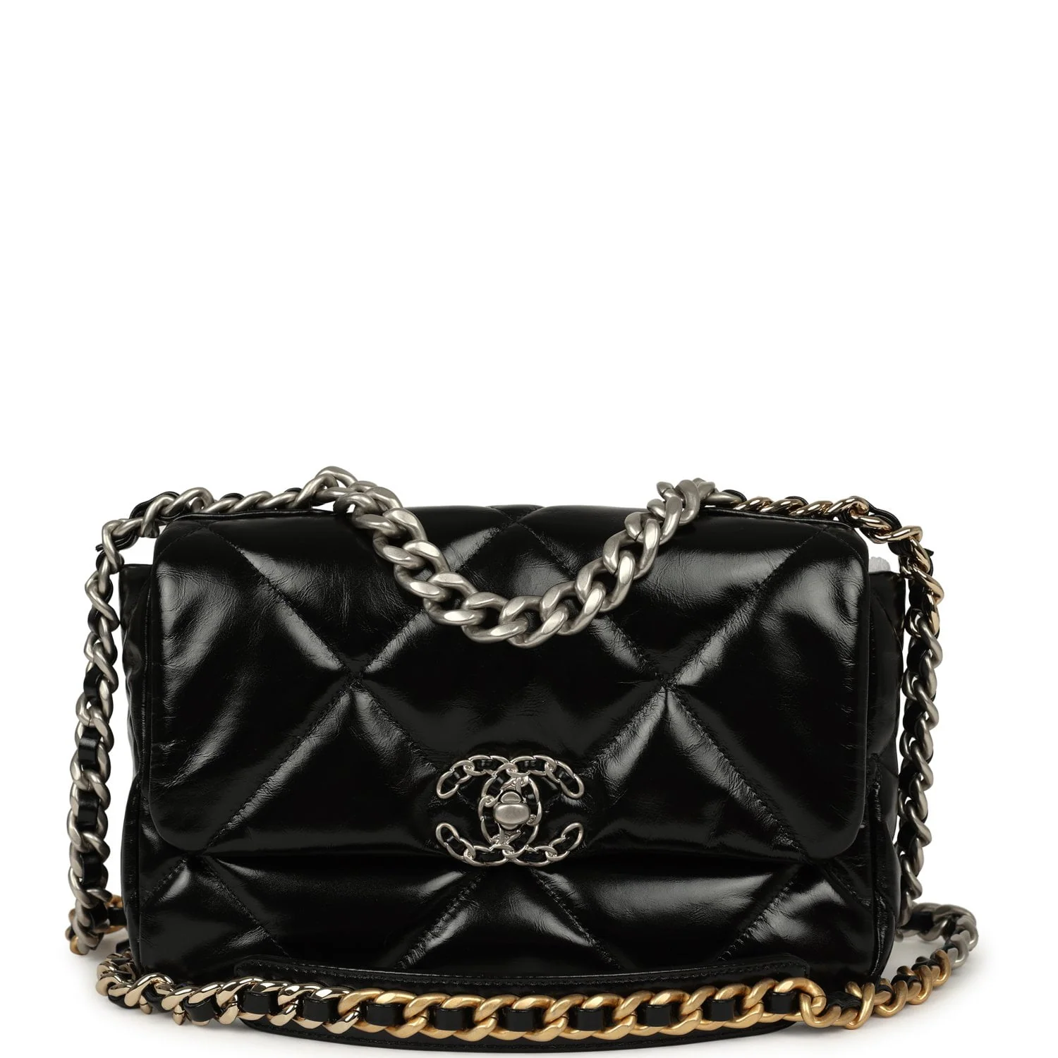 CHANEL Medium 19 Flap Bag Black Shiny Crumpled Calfskin Mixed Metal Hardware