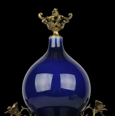 47CM Kangxi Signed Old Chinese Blue Glaze Gourd Vase w/ear N3945