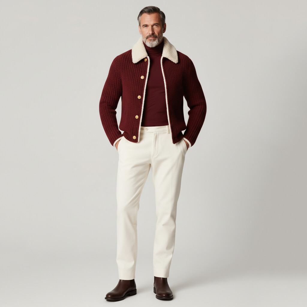 Men's Burgundy Sherpa Collar Long Sleeve Button Rib Knit Cardigan