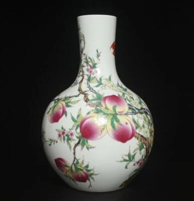 39.5CM Yongzheng Signed Chinese Famille Rose Vase W/peach