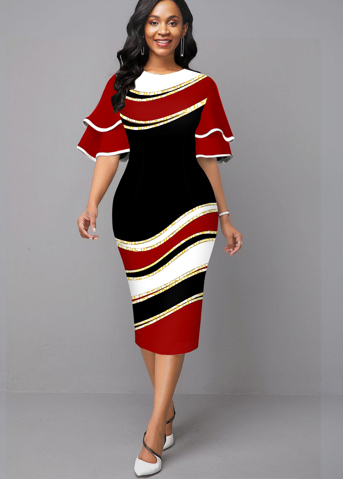 Round Neck Geometric Print Ruffle Sleeve Dress