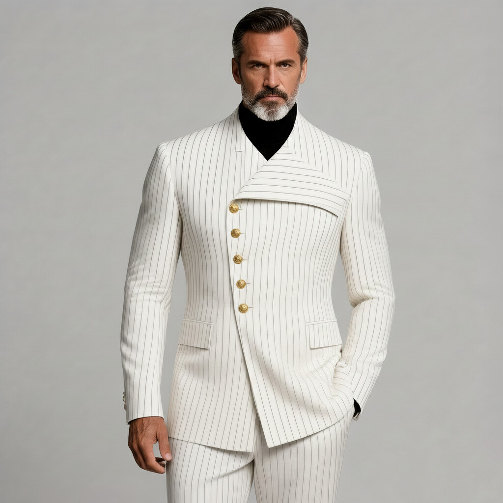 Men's Business Striped White Asymmetrical Collar Single Breasted Long Sleeve Blazers