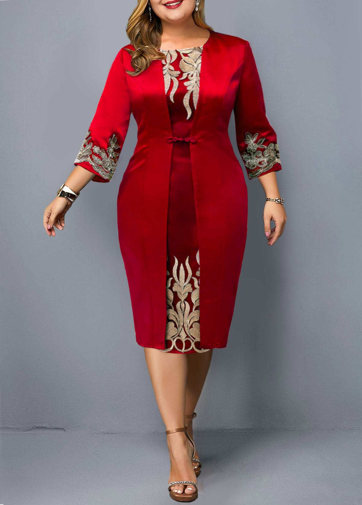 3/4 Sleeve Round Neck Embroidered Dress