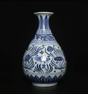 32CM Xuande Old Signed Antique Chinese Blue & White Porcelain Vase w/ fish