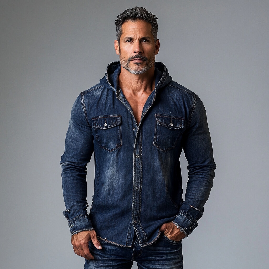 Men's Denim Long Sleeve Button Chest Pocket Hooded Shirt