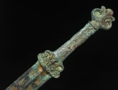 61CM Signed Old Chinese Bronze Statue Sword Knife w/pattern