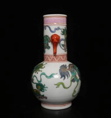 25CM Qianlong Signed Antique Chinese Famille Rose Vase W/lions