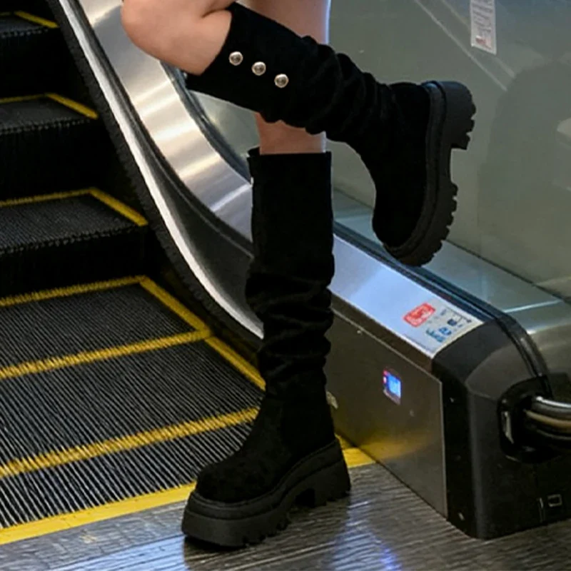 High Heels Women High Boots Fashion Dress Chunky Shoes Suede Designer Luxury Boots