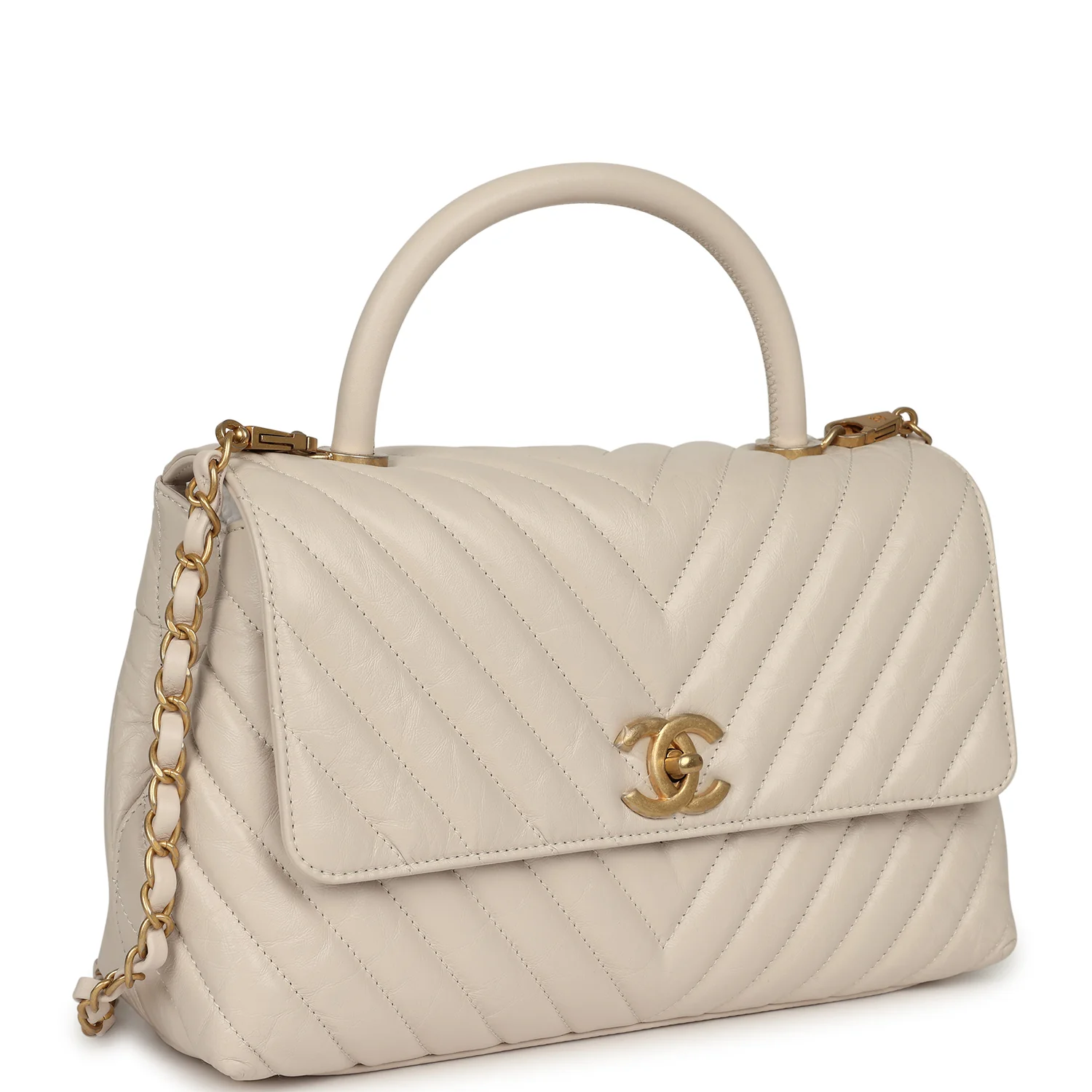 Chanel Medium Chevron Coco Handle Ivory Aged Calfskin Antique Gold Hardware
