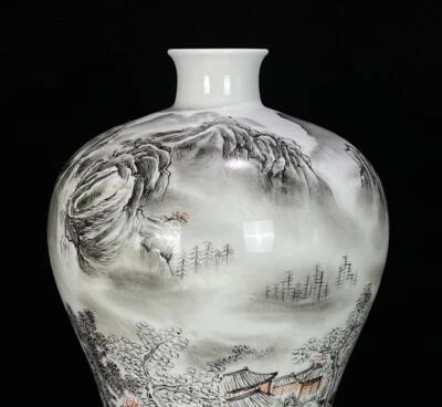 33CM Qianlong Signed Old Chinese Ink Color Vase W/landscape N853