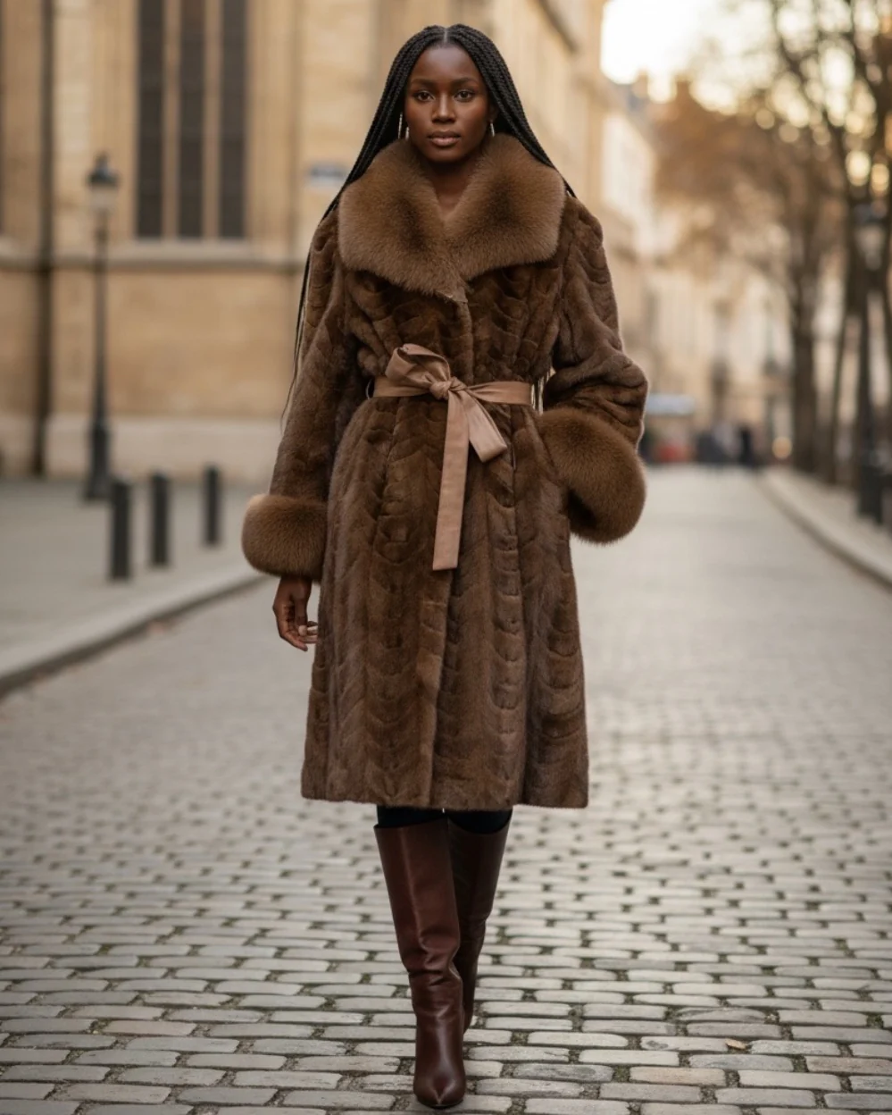 WOMEN MINK- BROWN 3/4 WITH FOX COLLAR