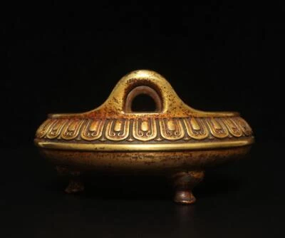 Ming Xuande Signed Old Chinese Red Copper Gilding Incense Burner w/pattern