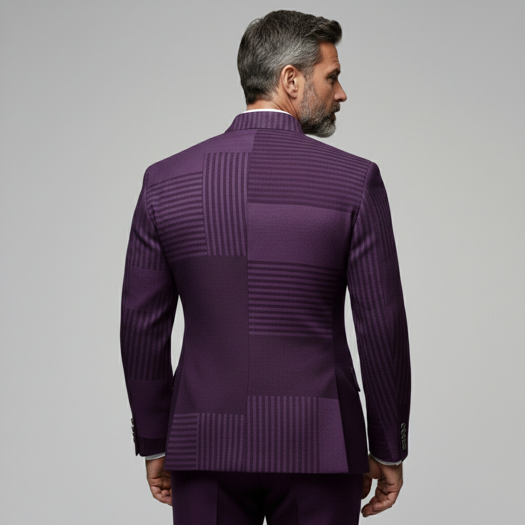 [Pre-Order] Men's Business Grape Geometric Colorblock Stand Collar Asymmetrical Single Breasted Long Sleeve Blazer