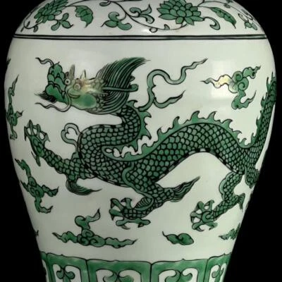 33CM Xuande Signed Old Chinese Green Color Lid Pot W/dragon N1325