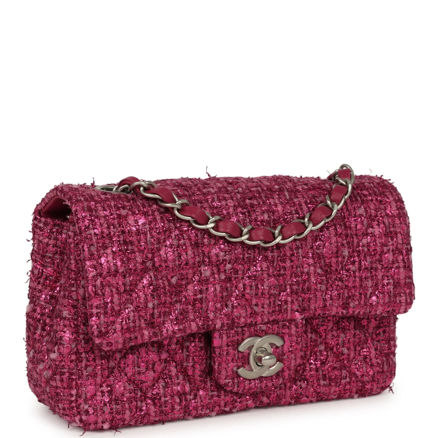 CHANEL Mini Rectangular Flap Bag Dark Pink Metallic Tweed Bouclé Brushed Silver Hardware