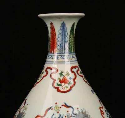 34CM Xuande Signed Old Chinese Wucai Vase W/lion N1370