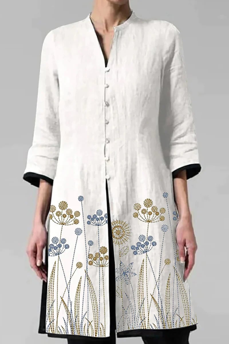 V Neck Button Vp Three Quarter Sleeve Print Casual Linen Shirt Cardigan