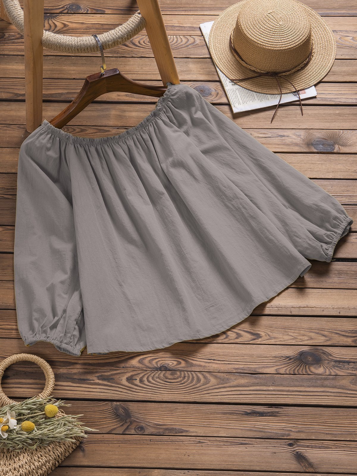 Casual Off Shoulder Long Sleeve Solid Shirts & Tops