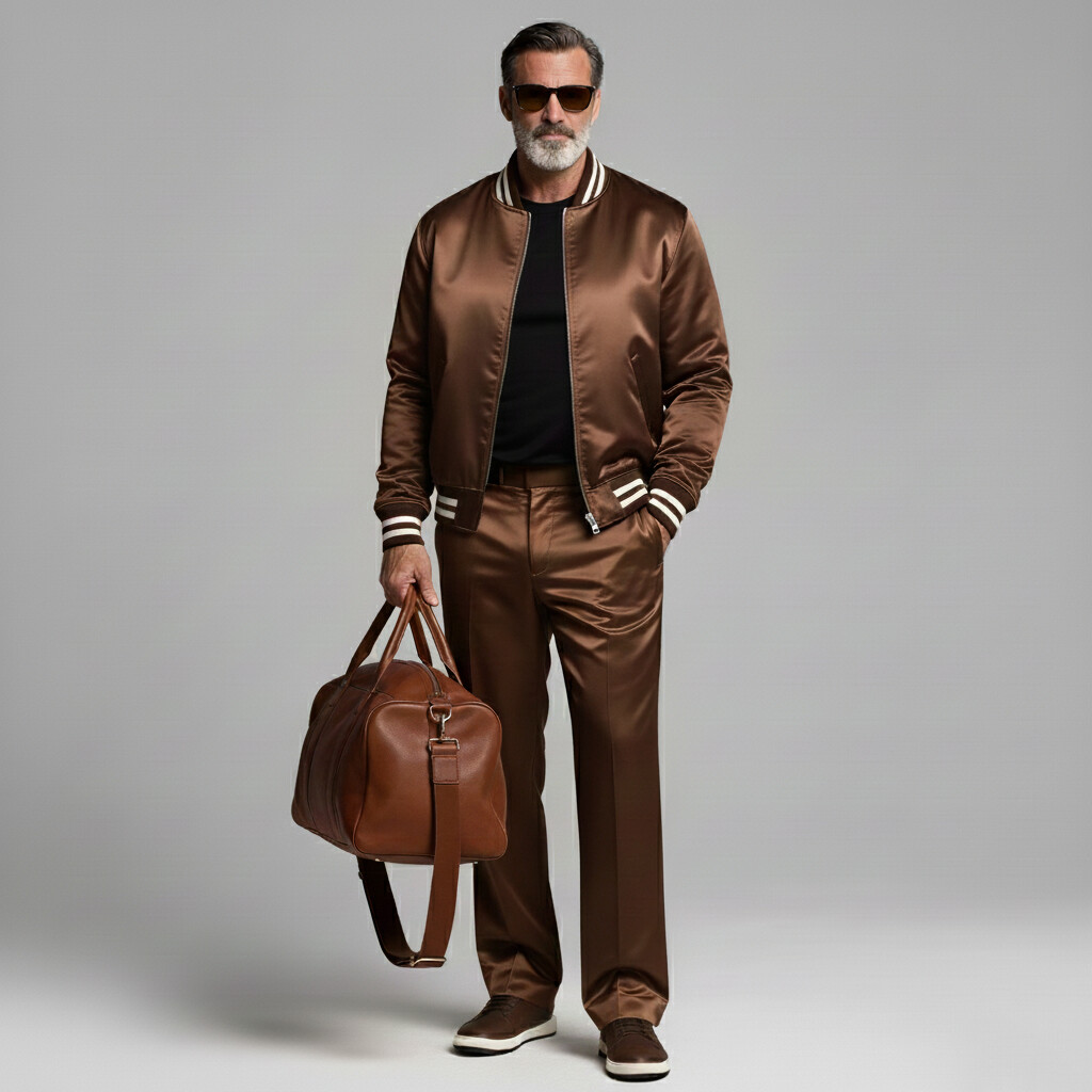 Men's Brown Striped Trim Stand Collar Long Sleeve Zipper Satin Bomber Jacket & Pocket Pants 2Pcs Set