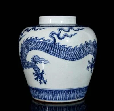 33CM Xuande Signed Old Chinese Blue and White Pot W/dragon N3099
