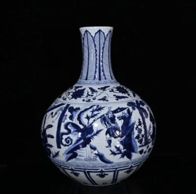 44CM Signed  Old Chinese Blue and White Vase Pot W/ figure N292
