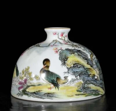 Yongzheng Signed Pair Old Chinese Colour Enamel Zun Pot W/duck N3627
