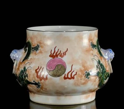 Qianlong Signed Old Chinese Famille Rose Green Glaze Incense Burner w/dragon N23